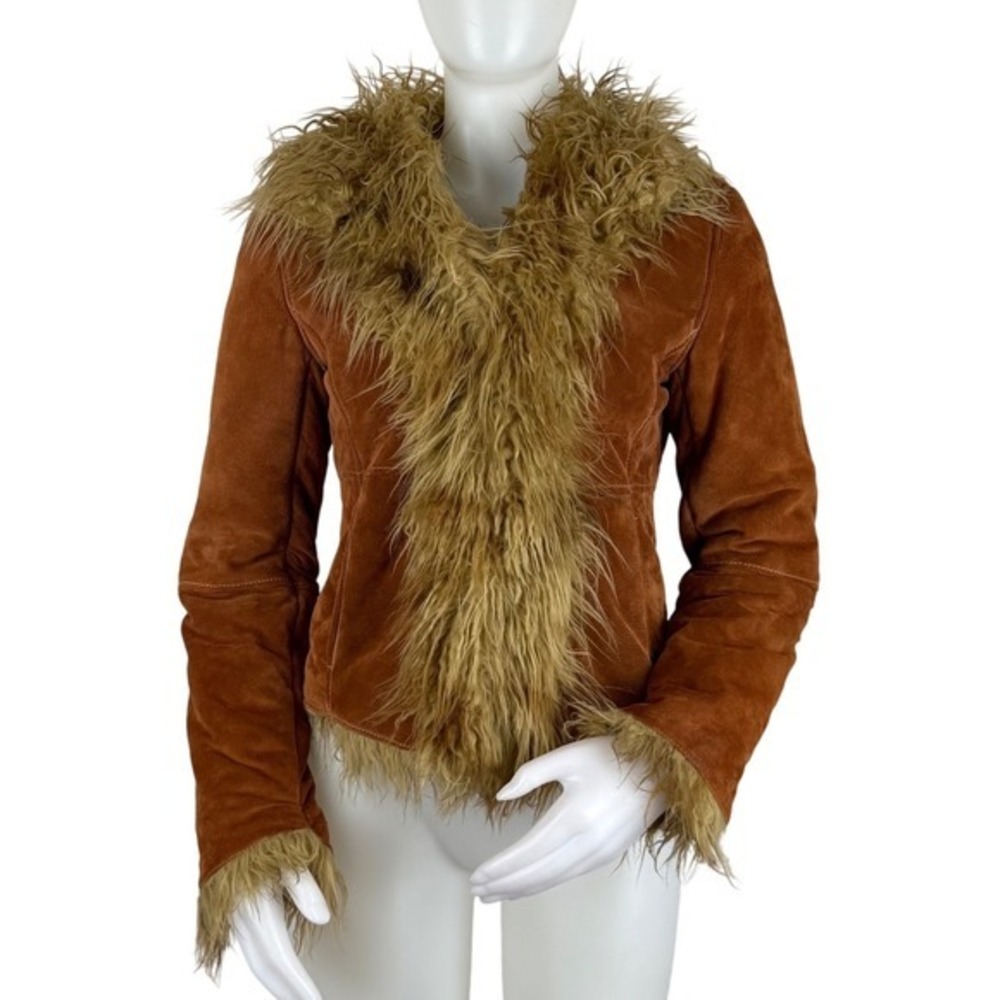 Y2K Real Suede Leather FAUX Fur Trim Afghan Jacket XS Penny Lane Boho SEE FLAWS